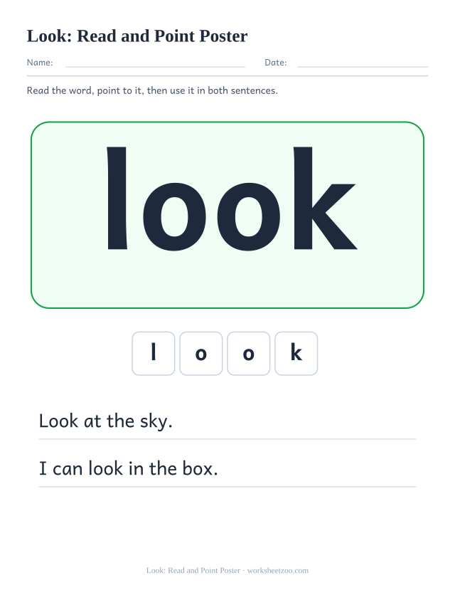 Sight word “look” worksheet, read and point poster printable activity