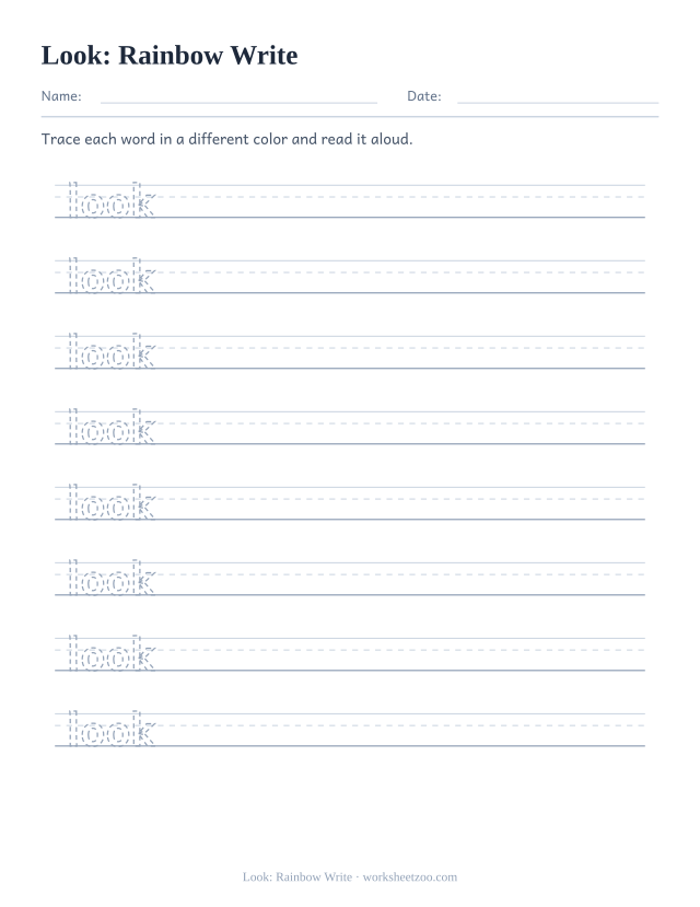 Sight word “look” worksheet, rainbow write printable activity