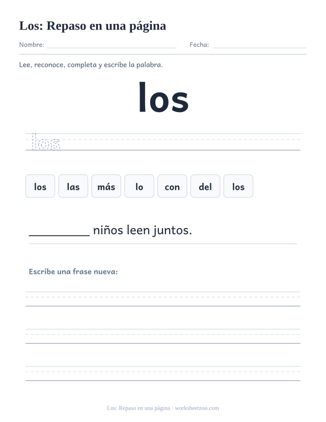Ficha de la palabra frecuente «los», repaso en una página para imprimir