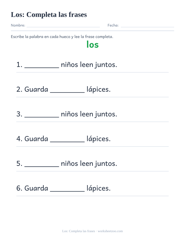 Ficha de la palabra frecuente «los», completa las frases para imprimir