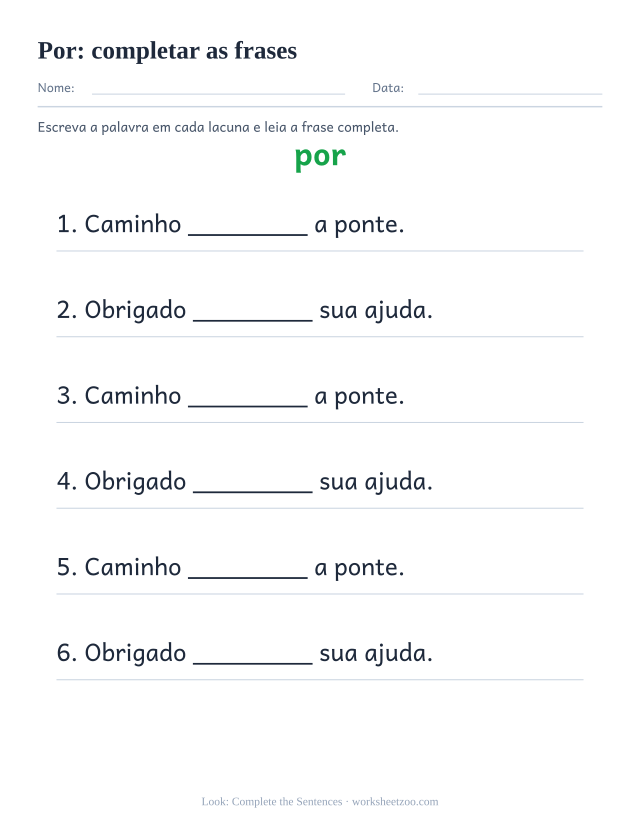 Prévia da palavra frequente “por”, completar as frases