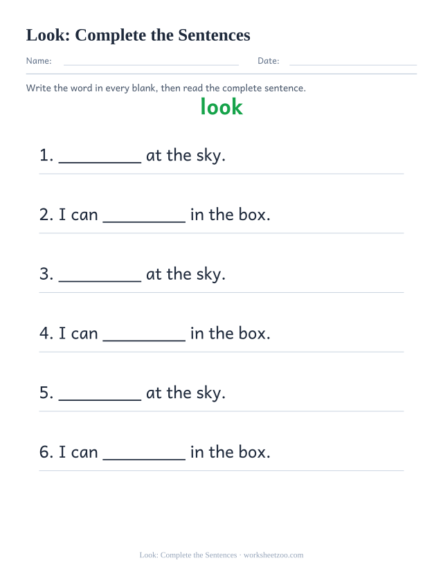 Sight word “look” worksheet, complete the sentences printable activity