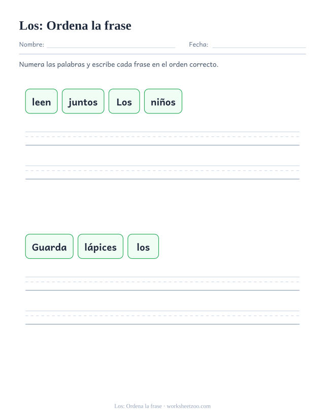 Ficha de la palabra frecuente «los», ordena la frase para imprimir
