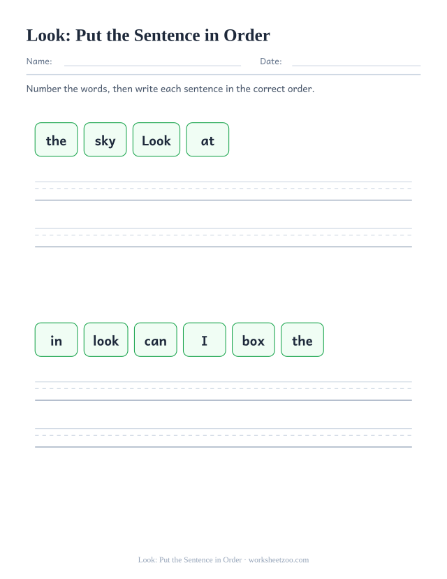 Sight word “look” worksheet, put the sentence in order printable activity