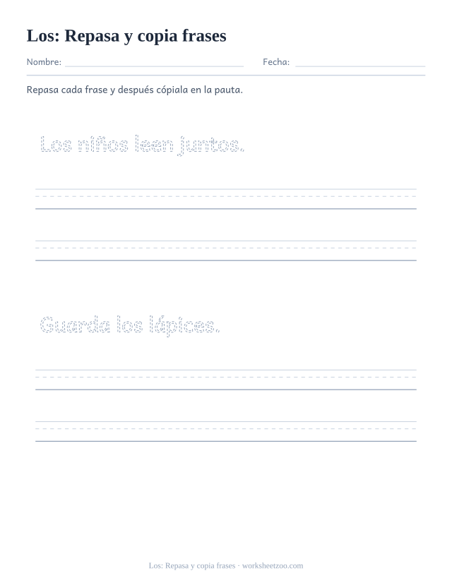 Ficha de la palabra frecuente «los», repasa y copia frases para imprimir
