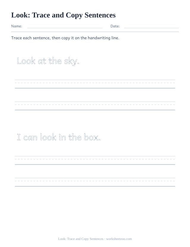 Sight word “look” worksheet, trace and copy sentences printable activity