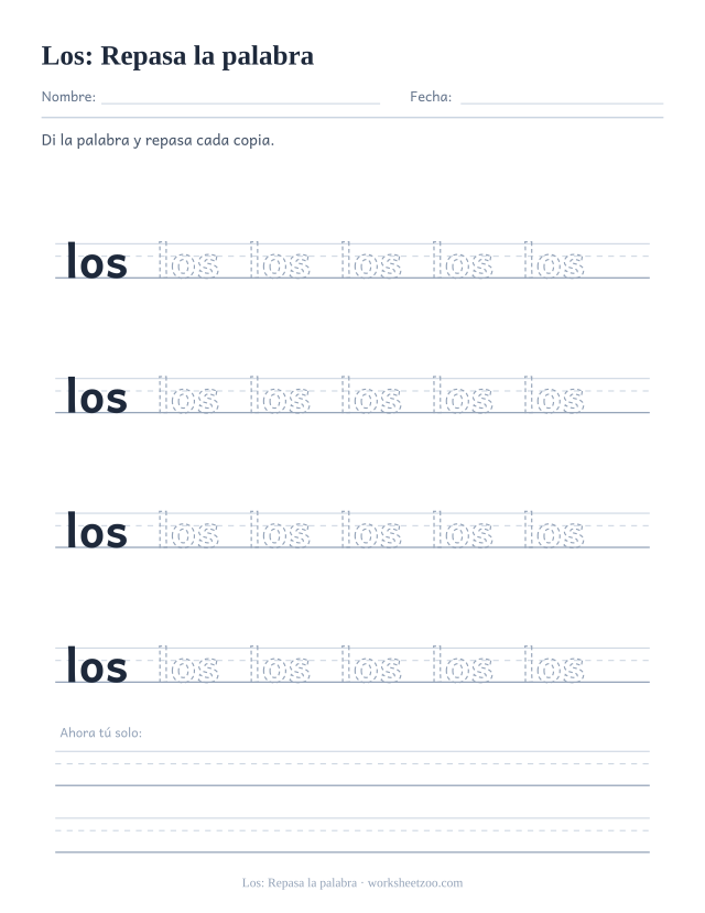 Ficha de la palabra frecuente «los», repasa la palabra para imprimir