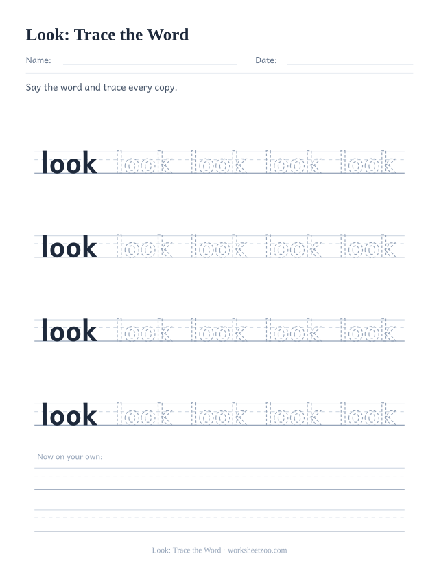 Sight word “look” worksheet, trace the word printable activity