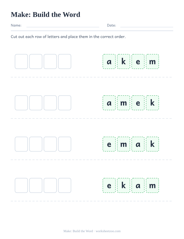 Sight word “make” worksheet, build the word printable activity