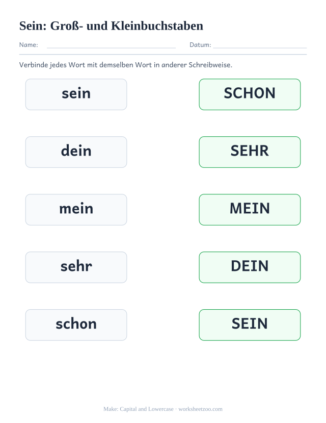 Vorschau: häufiges Wort „sein“, Groß- und Kleinbuchstaben