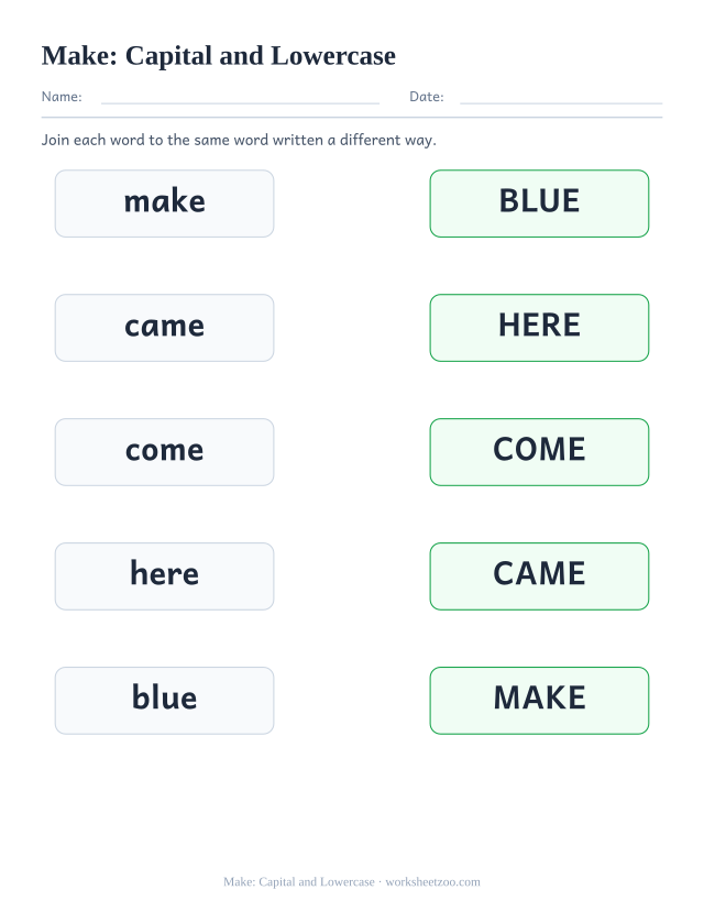 Sight word “make” worksheet, capital and lowercase printable activity