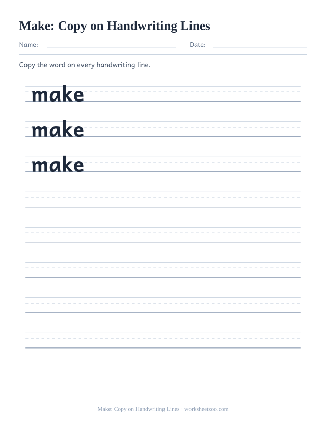Sight word “make” worksheet, copy on handwriting lines printable activity