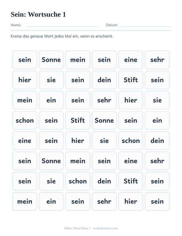 Vorschau: häufiges Wort „sein“, Wortsuche 1