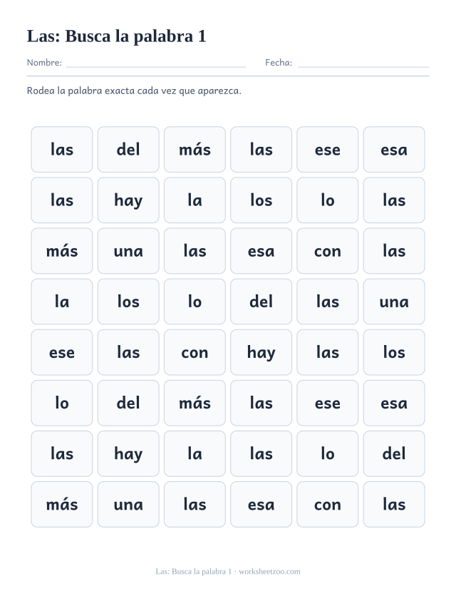 Ficha de la palabra frecuente «las», busca la palabra 1 para imprimir