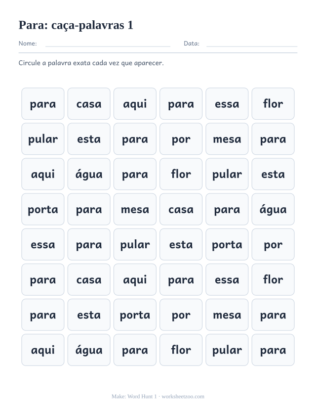 Prévia da palavra frequente “para”, caça-palavras 1