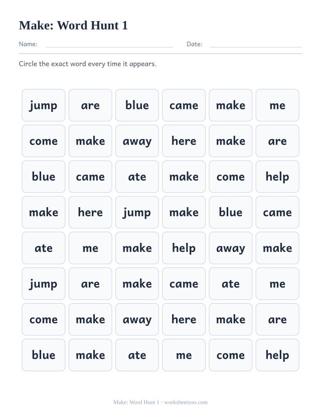 Sight word “make” worksheet, word hunt 1 printable activity