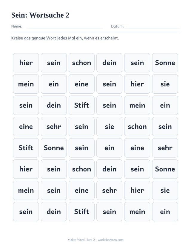 Vorschau: häufiges Wort „sein“, Wortsuche 2
