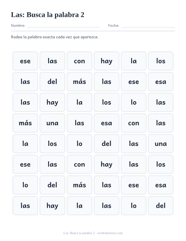 Ficha de la palabra frecuente «las», busca la palabra 2 para imprimir