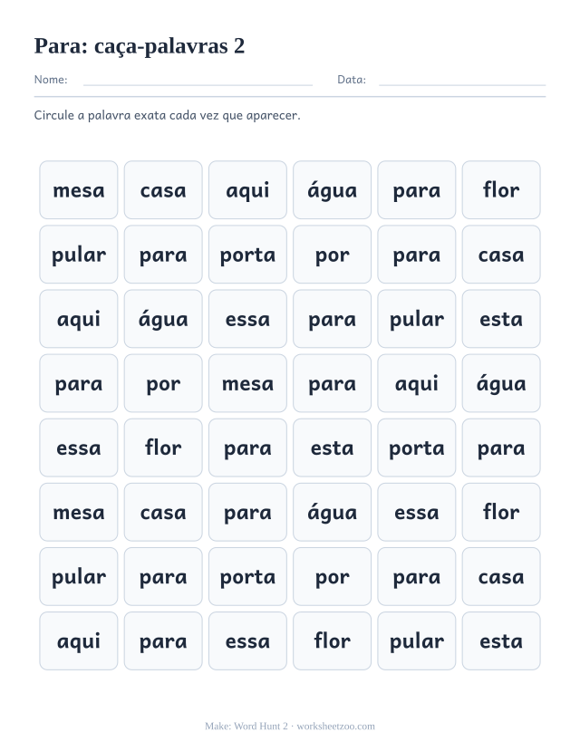 Prévia da palavra frequente “para”, caça-palavras 2