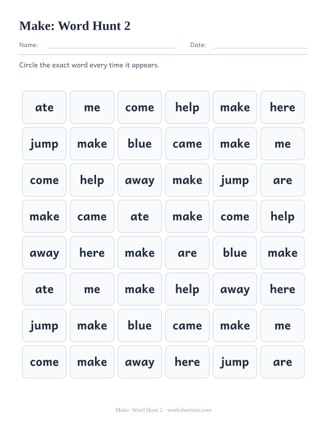 Sight word “make” worksheet, word hunt 2 printable activity