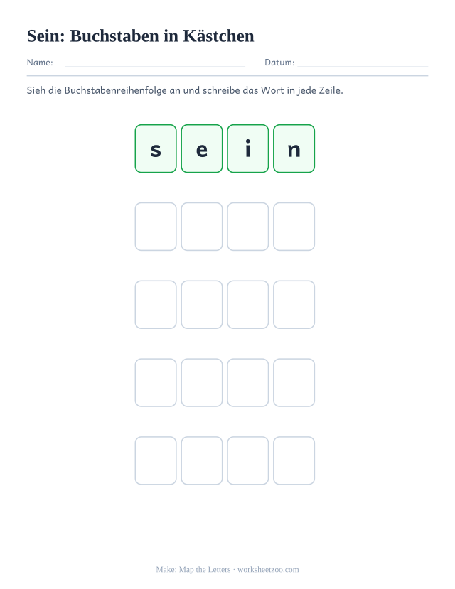 Vorschau: häufiges Wort „sein“, Buchstaben in Kästchen