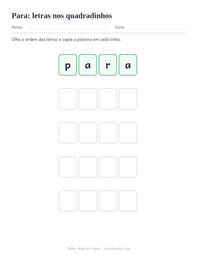 Prévia da palavra frequente “para”, letras nos quadradinhos