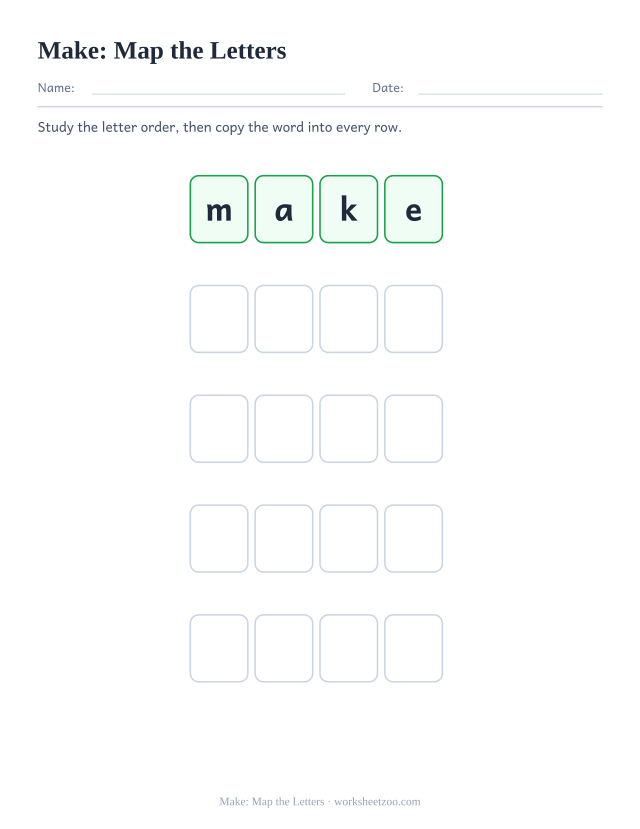 Sight word “make” worksheet, map the letters printable activity