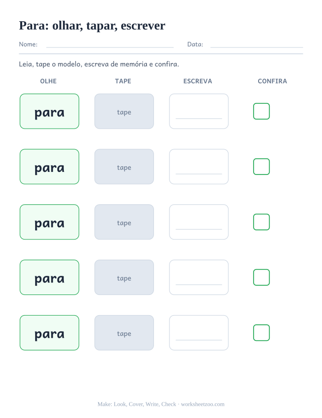 Prévia da palavra frequente “para”, olhar, tapar, escrever