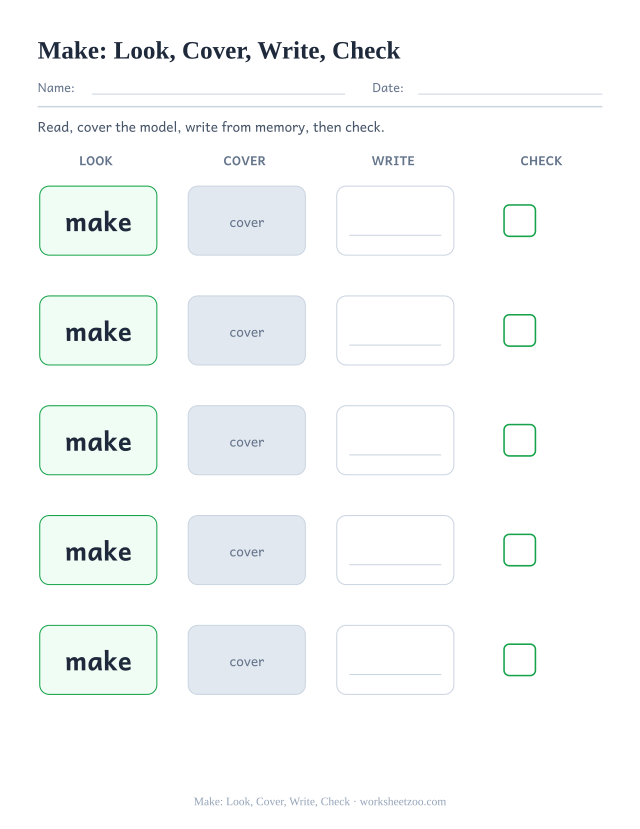 Sight word “make” worksheet, look, cover, write, check printable activity
