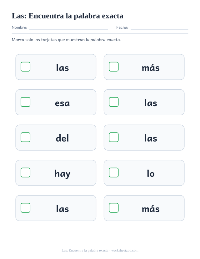 Ficha de la palabra frecuente «las», encuentra la palabra exacta para imprimir