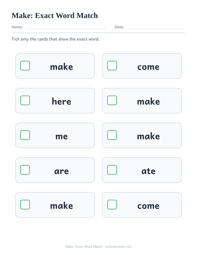 Sight word “make” worksheet, exact word match printable activity