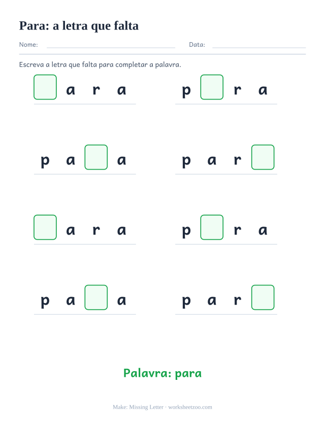 Prévia da palavra frequente “para”, a letra que falta