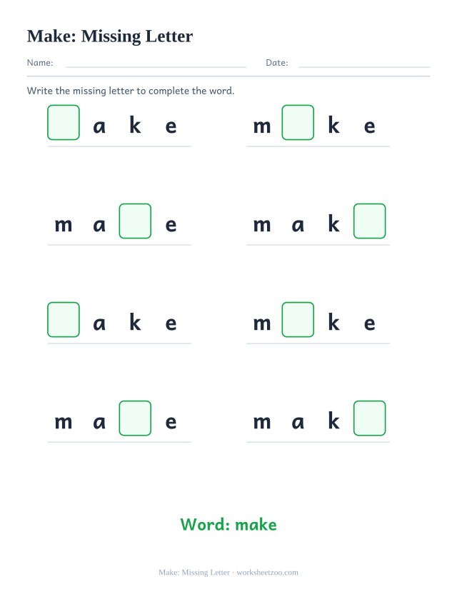 Sight word “make” worksheet, missing letter printable activity