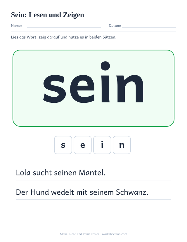 Vorschau: häufiges Wort „sein“, Lesen und Zeigen