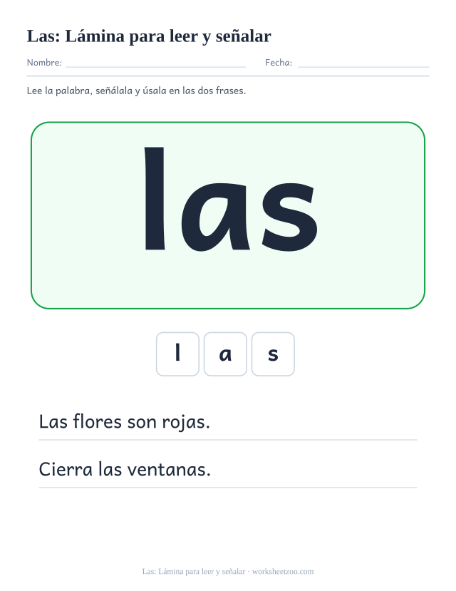 Ficha de la palabra frecuente «las», lámina para leer y señalar para imprimir
