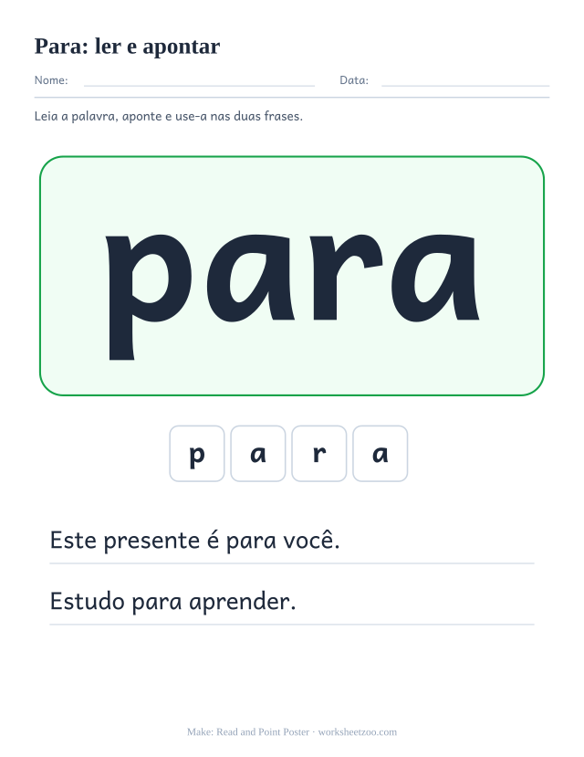 Prévia da palavra frequente “para”, ler e apontar