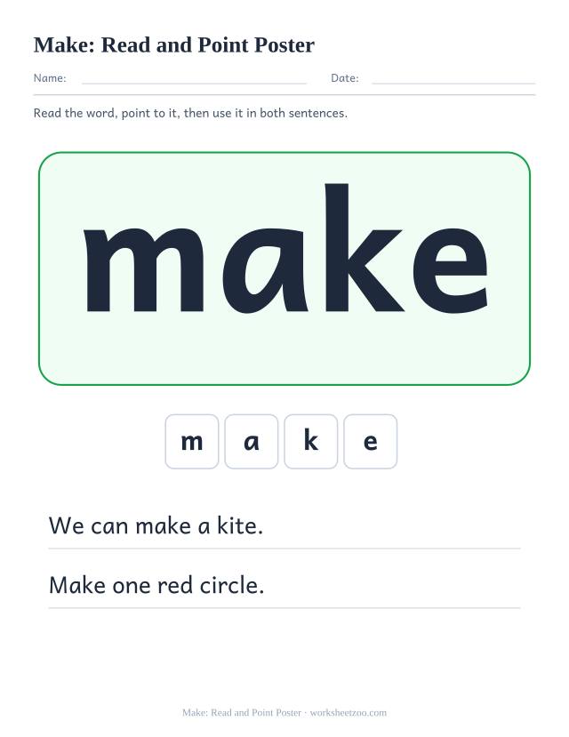 Sight word “make” worksheet, read and point poster printable activity