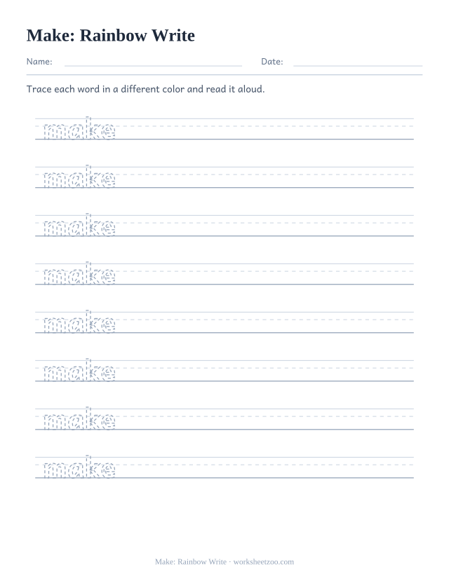Sight word “make” worksheet, rainbow write printable activity