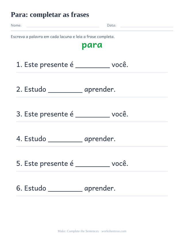 Prévia da palavra frequente “para”, completar as frases