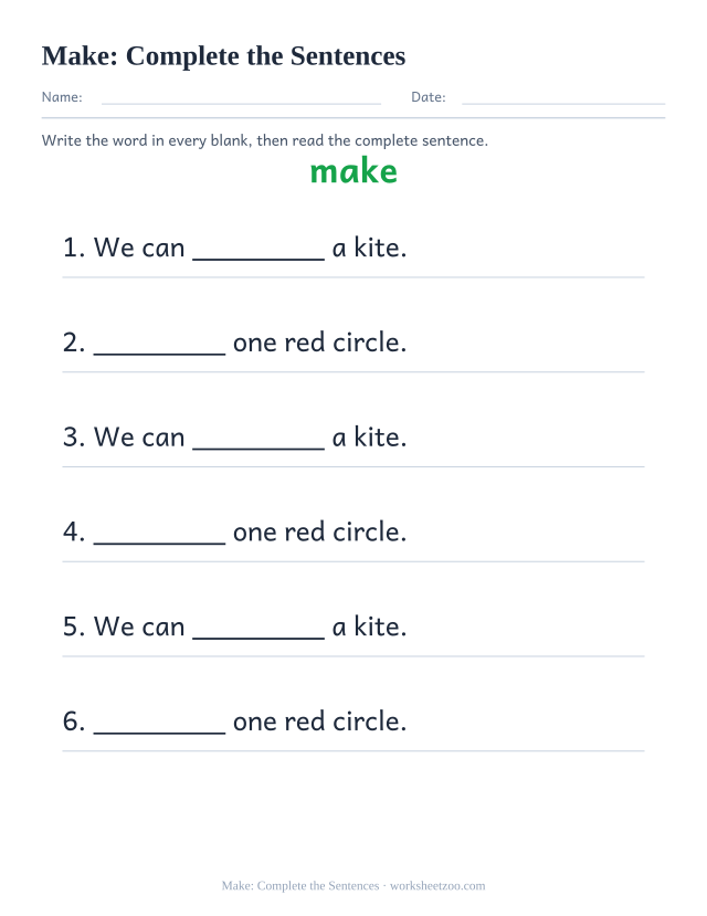 Sight word “make” worksheet, complete the sentences printable activity