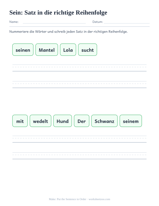 Vorschau: häufiges Wort „sein“, Satz in die richtige Reihenfolge