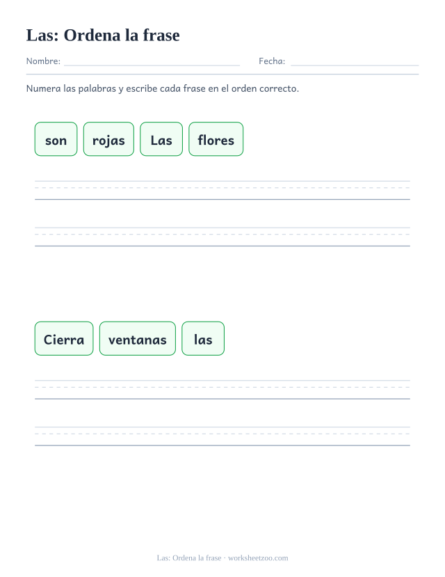 Ficha de la palabra frecuente «las», ordena la frase para imprimir