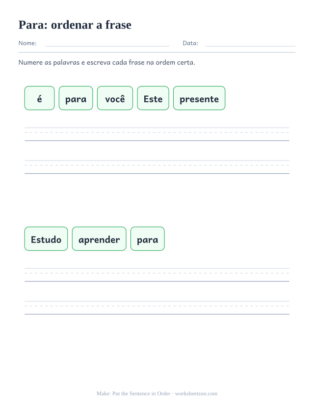 Prévia da palavra frequente “para”, ordenar a frase