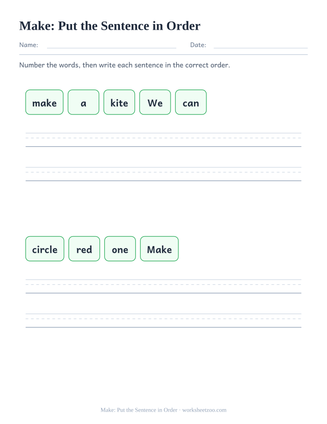 Sight word “make” worksheet, put the sentence in order printable activity