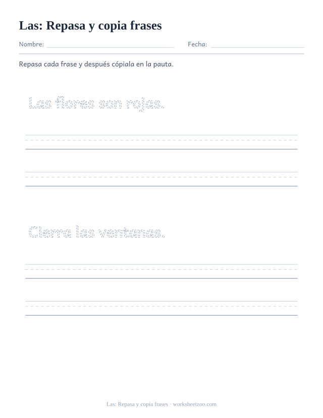 Ficha de la palabra frecuente «las», repasa y copia frases para imprimir