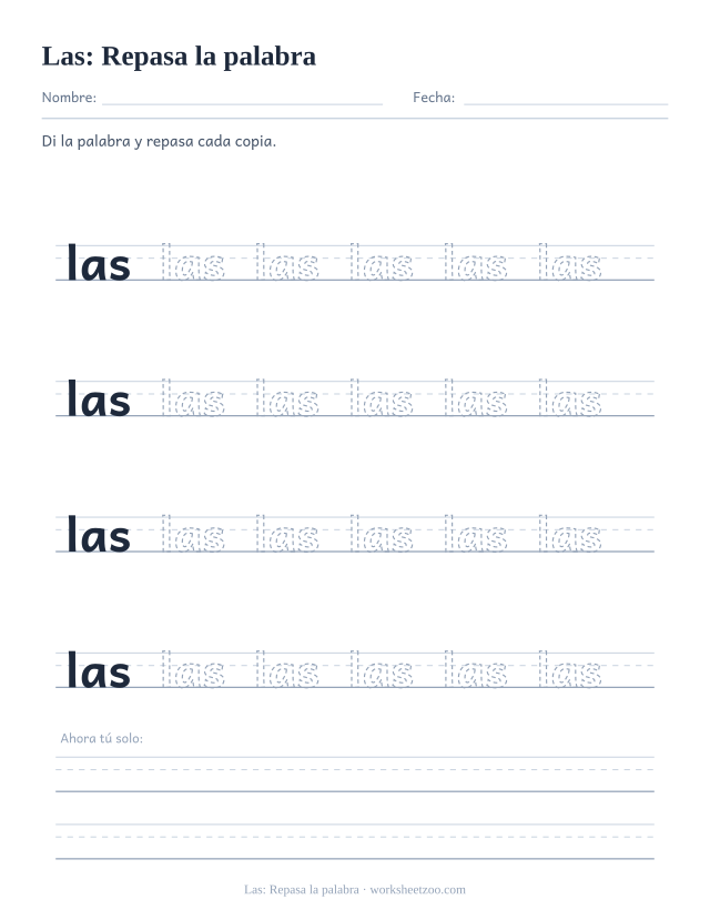 Ficha de la palabra frecuente «las», repasa la palabra para imprimir