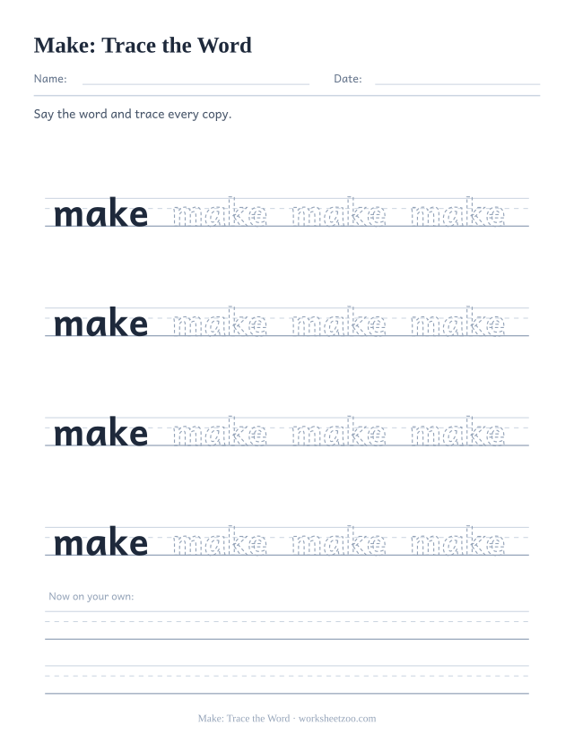 Sight word “make” worksheet, trace the word printable activity