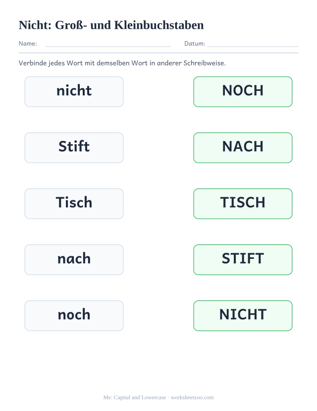 Vorschau: häufiges Wort „nicht“, Groß- und Kleinbuchstaben