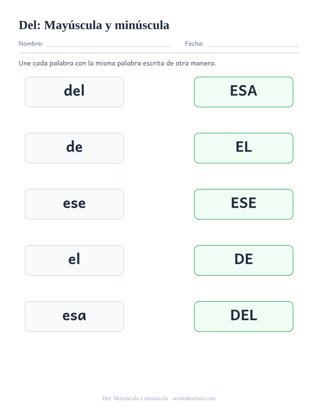 Ficha de la palabra frecuente «del», mayúscula y minúscula para imprimir