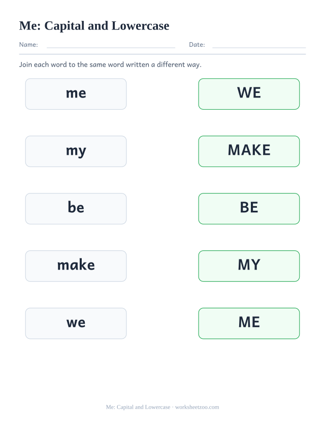 Sight word “me” worksheet, capital and lowercase printable activity
